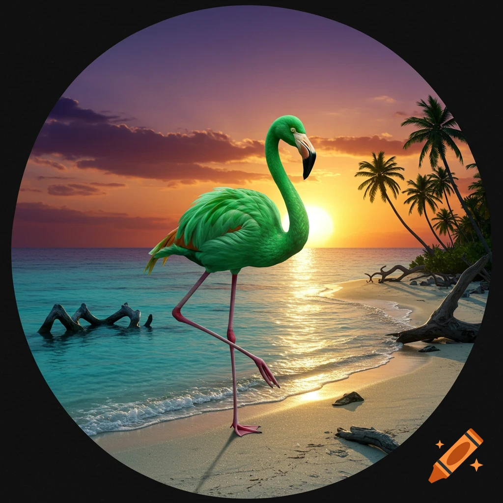 A vibrant green flamingo stands on one leg on a tropical beach at sunset, with palm trees and ocean in the background.
