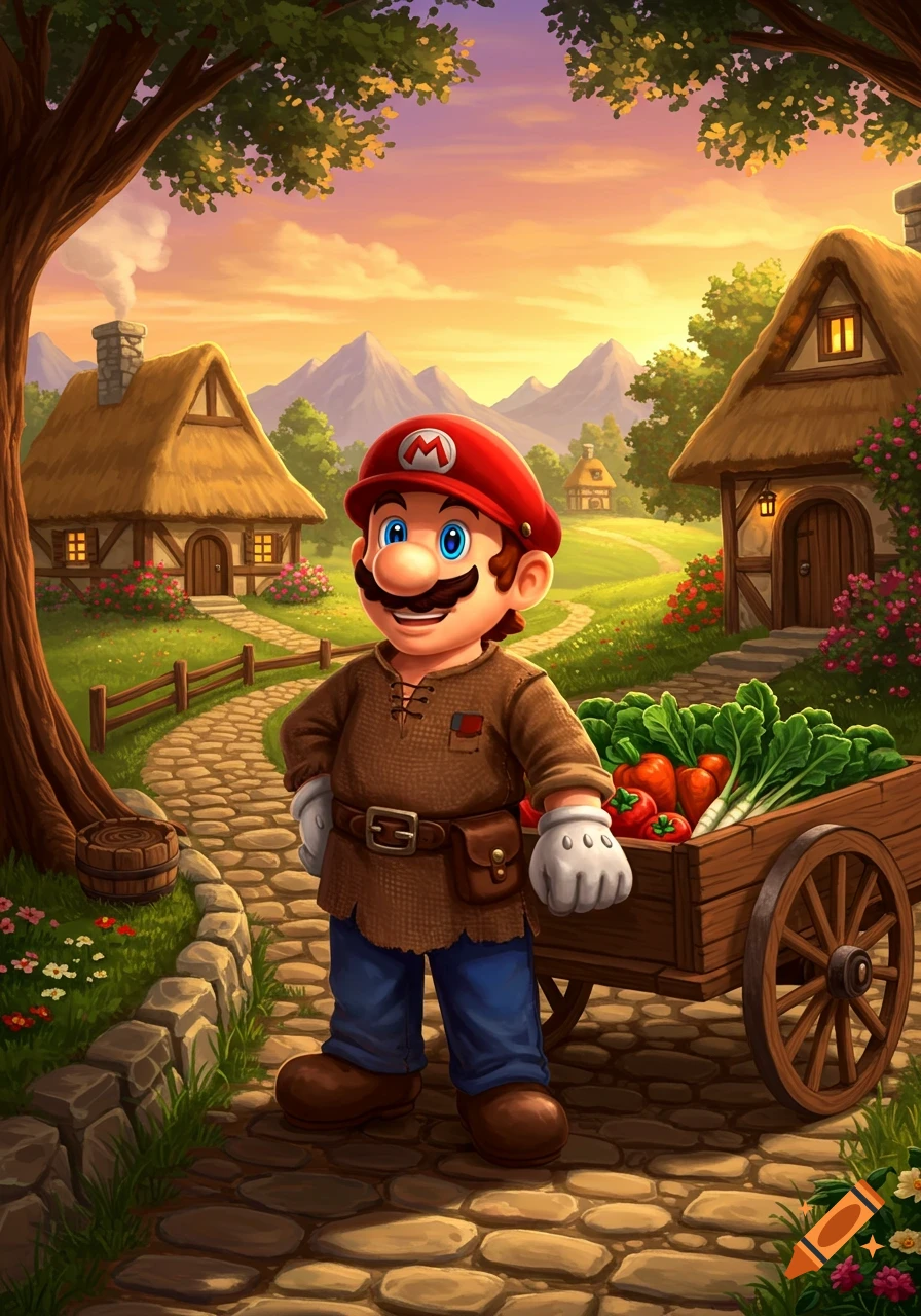 Mario in peasant attire stands on a cobblestone path in a charming fantasy village with thatched-roof houses, mountains, and a sunset.