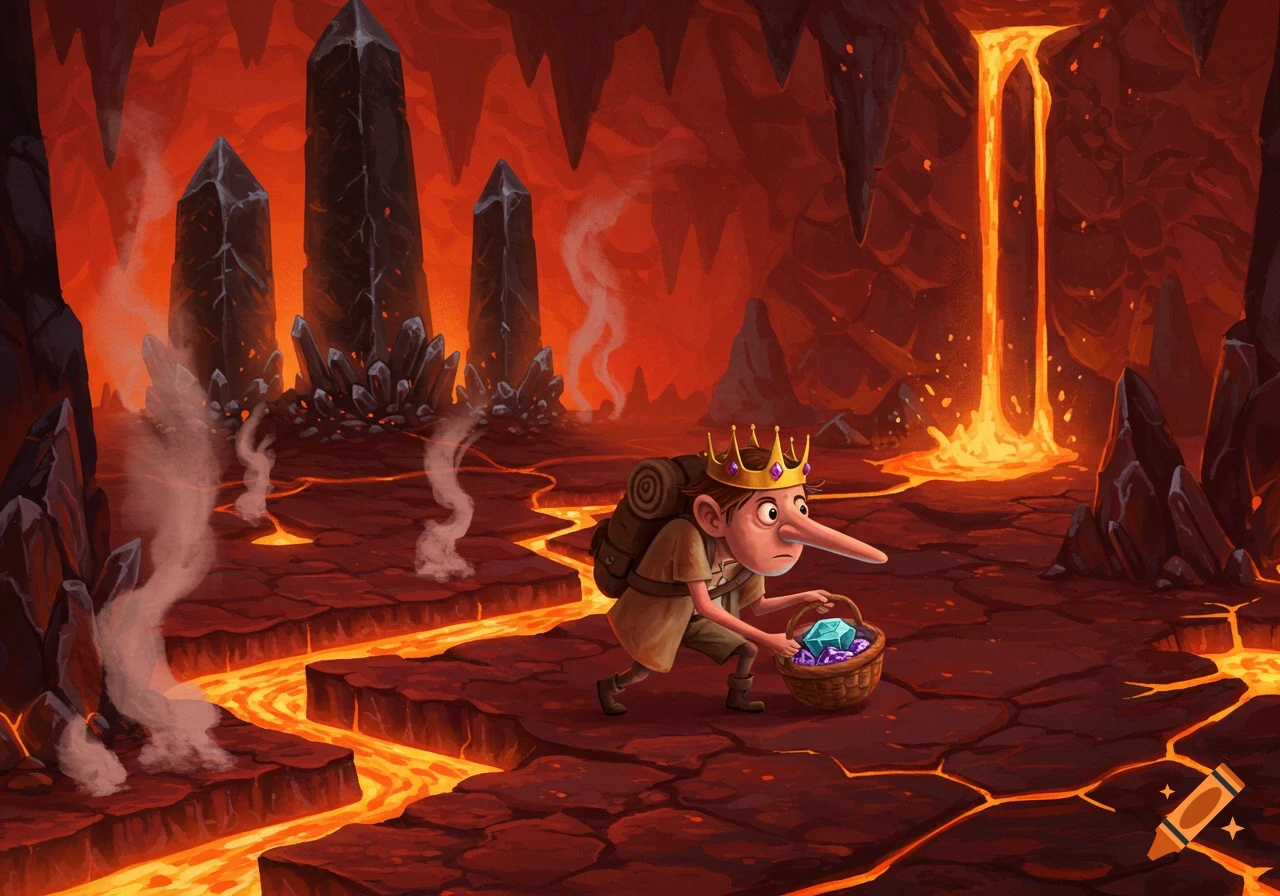 Cartoon character with long nose and crown carrying gems in a lava cave with glowing rivers of magma.