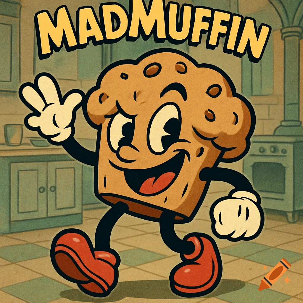 A smiling, waving muffin character in a 1930s cartoon Cuphead style, with 'MADMUFFIN' text above.