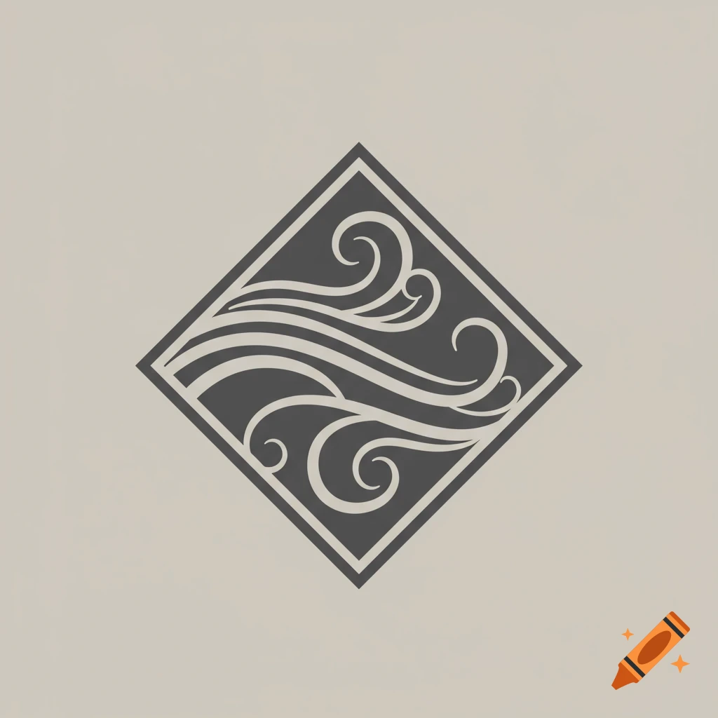 A dark gray rhombus on a light gray background containing a stylized design of swirling wind patterns.