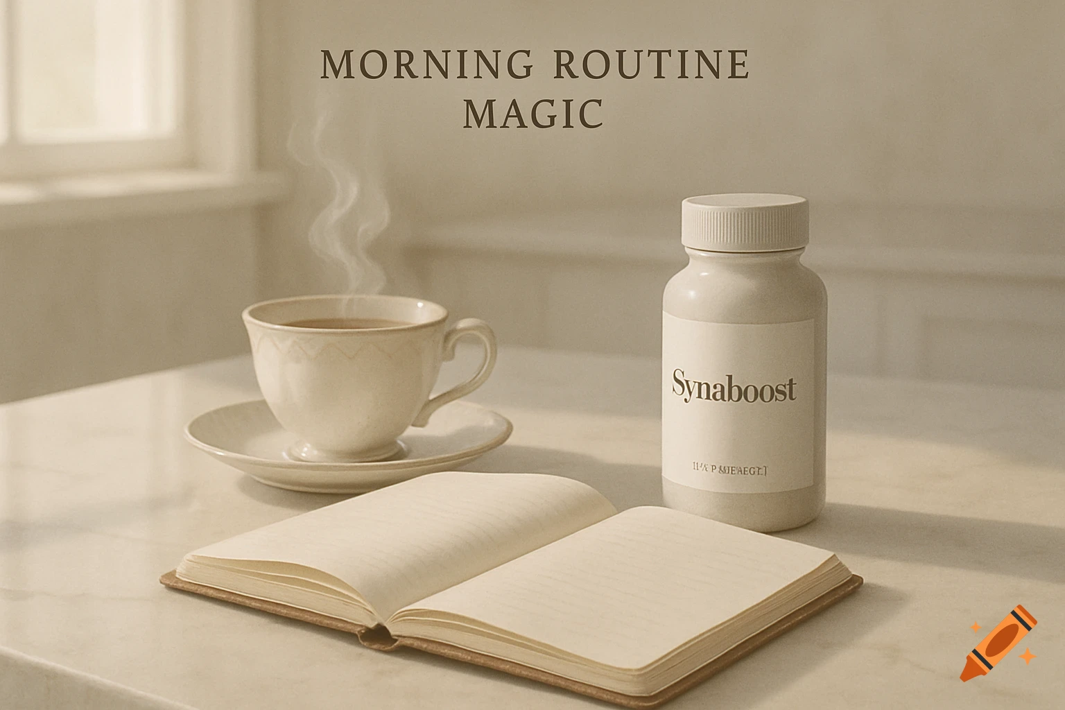 A minimalist morning routine setup with a steaming coffee cup, open journal, and supplement bottle on a light counter. Text "Morning Routine Magic" is on the wall.