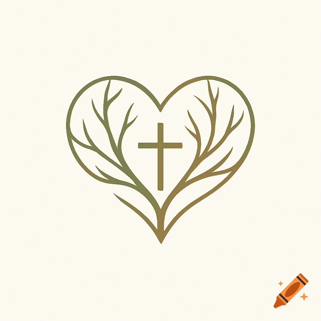 A minimalist logo featuring a heart shape formed by tree branches, with a cross symbol in the center, on a plain background.
