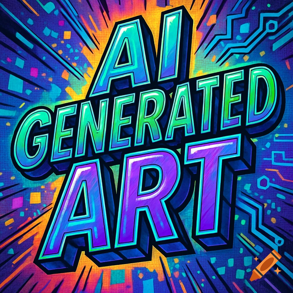 Vibrant comic book style text "AI GENERATED ART" in green, blue, and purple on an abstract background.