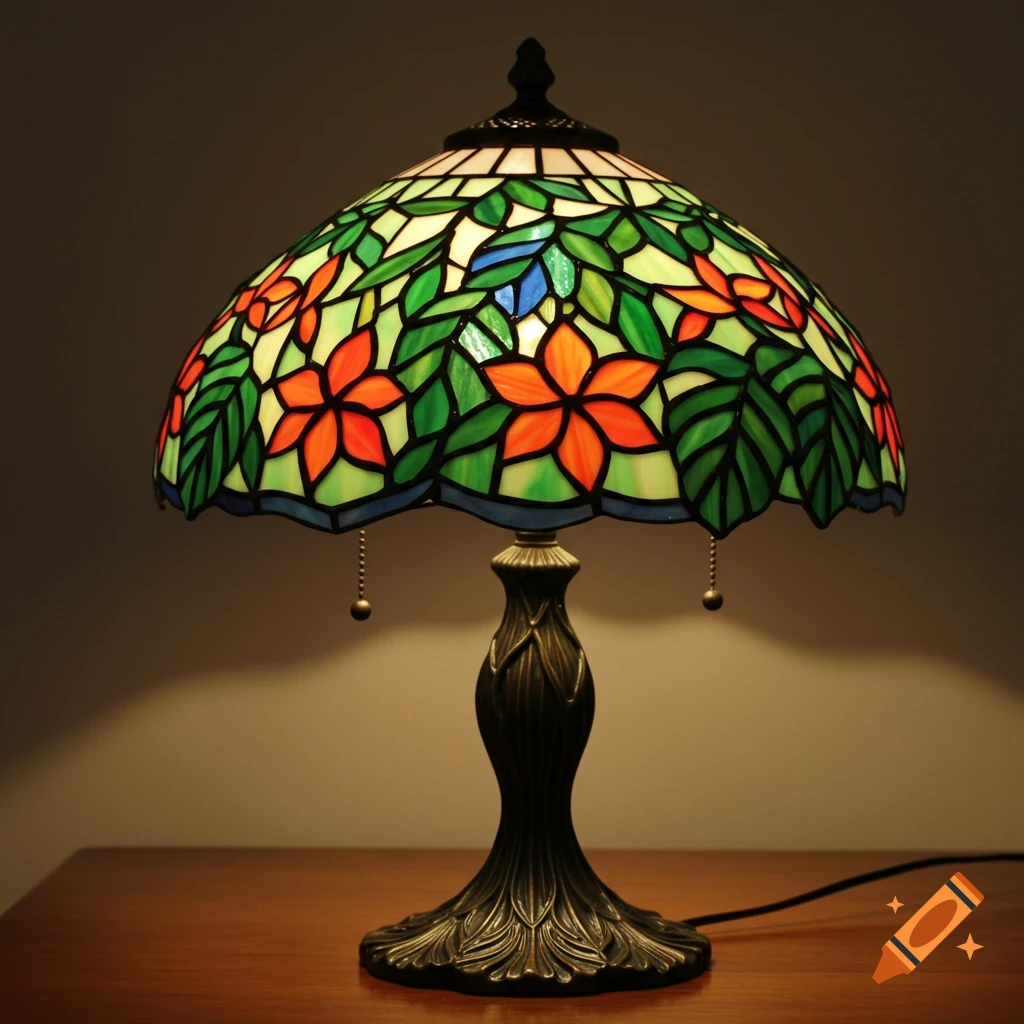 A Tiffany-style lamp with a green and orange floral stained glass shade sits on a wooden table.