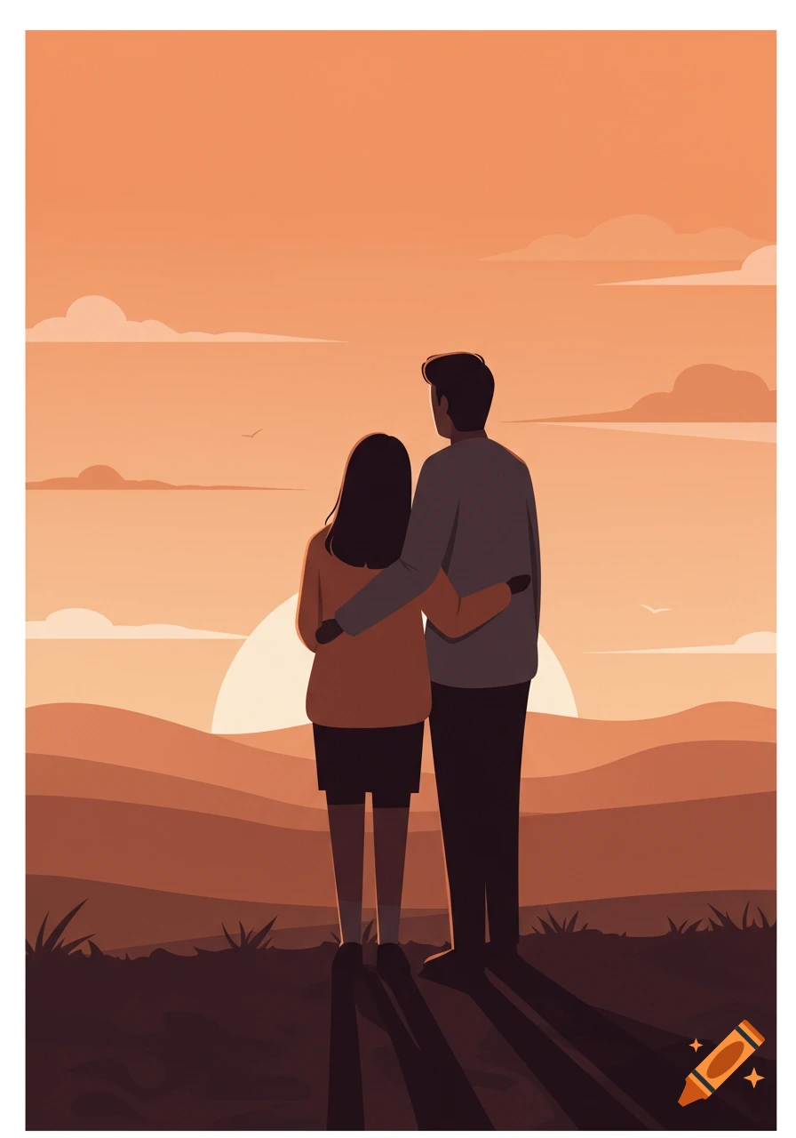 Stylized illustration of a couple from behind, embracing and watching the sunrise over a layered landscape.