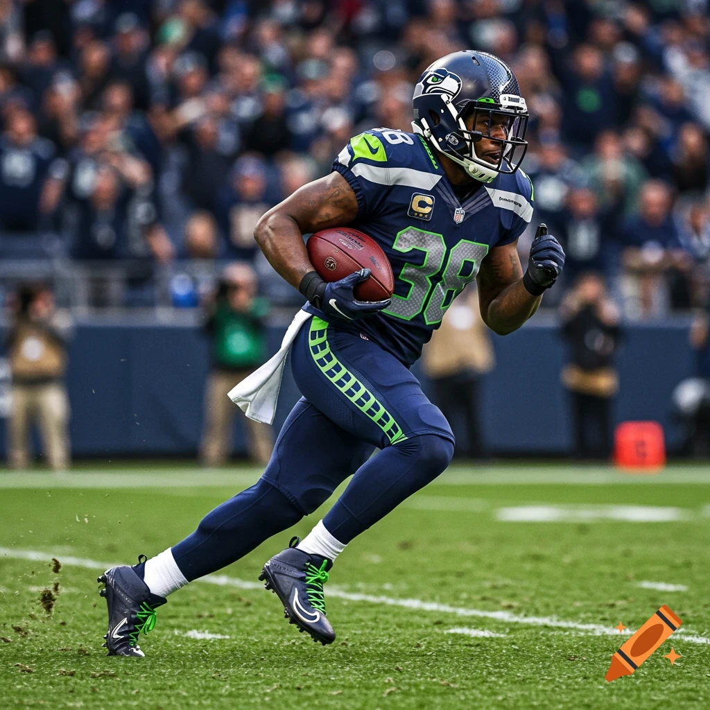 A photorealistic image of a football player in a navy and lime green uniform running with the ball on a green field during a game.