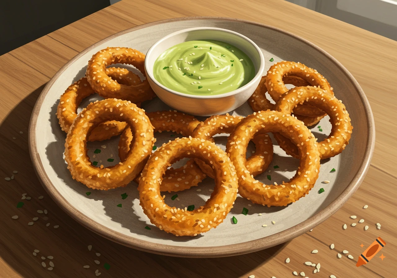 A stylized illustration of a plate of golden-brown onion rings covered in sesame seeds, served with a bowl of light green dip on a wooden table.