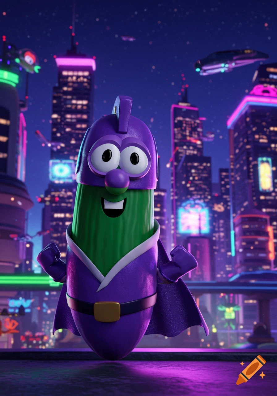 LarryBoy, a green cucumber in a purple superhero suit with a cape and helmet, stands confidently in a neon-lit futuristic city at night.