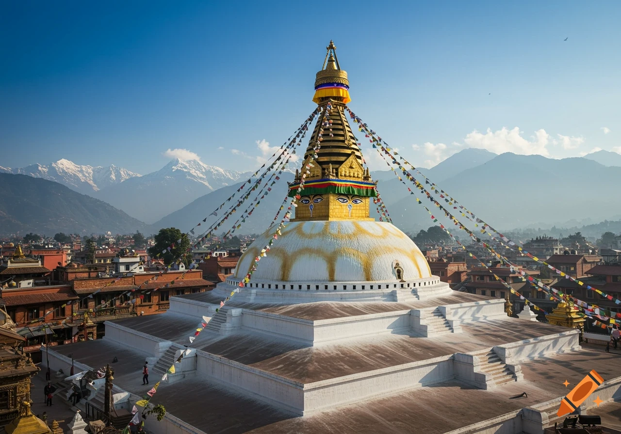 A large white Buddhist stupa with a golden pinnacle and colorful prayer flags against a clear blue sky, with snow-capped mountains in the background.