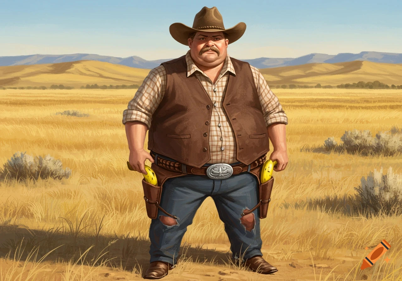 A cartoon-style, heavy-set cowboy with a mustache stands in a western landscape, holding bananas in his gun holsters.