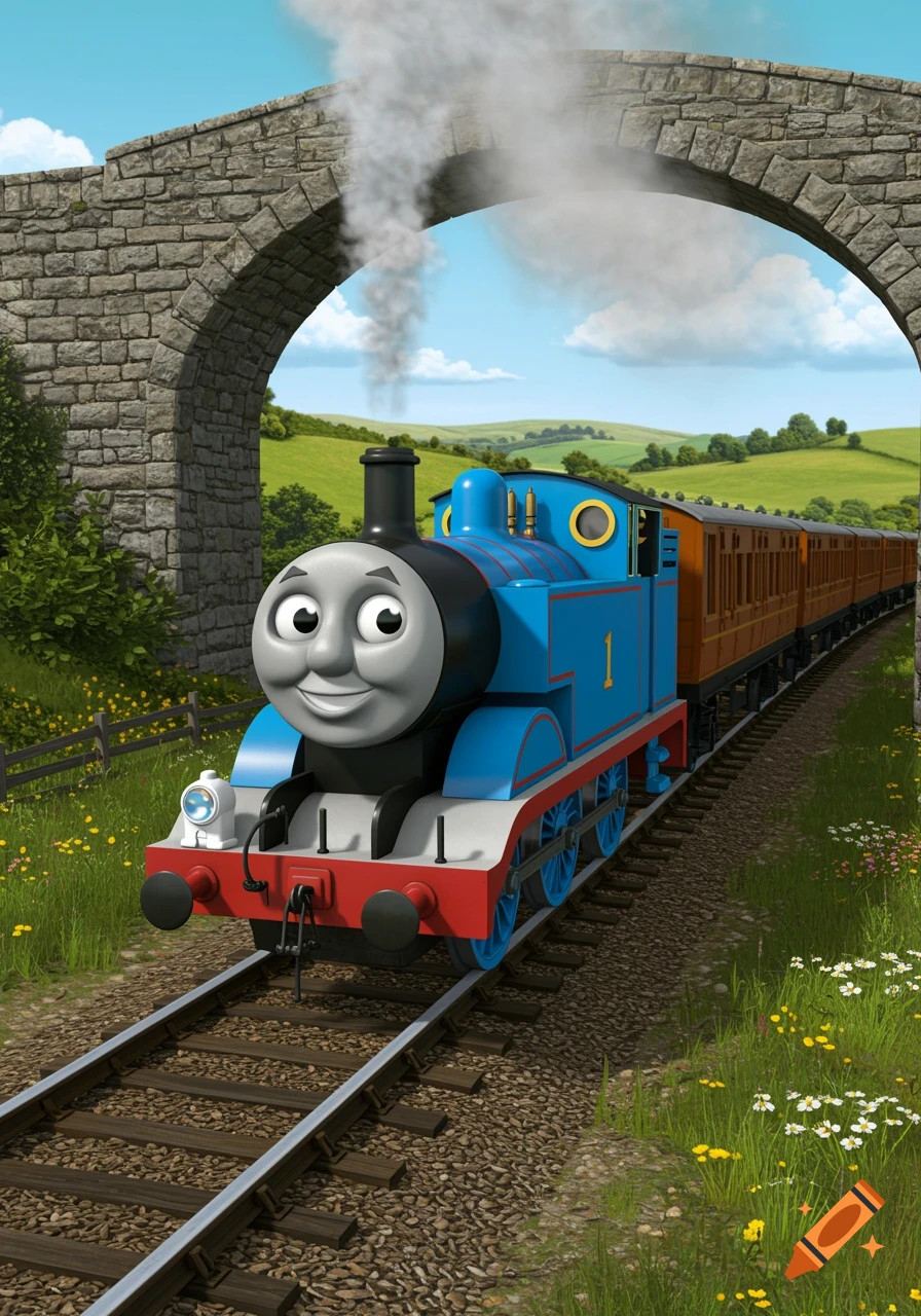 Thomas the Tank Engine smiling as he pulls passenger cars under a stone bridge in a green, sunny countryside.