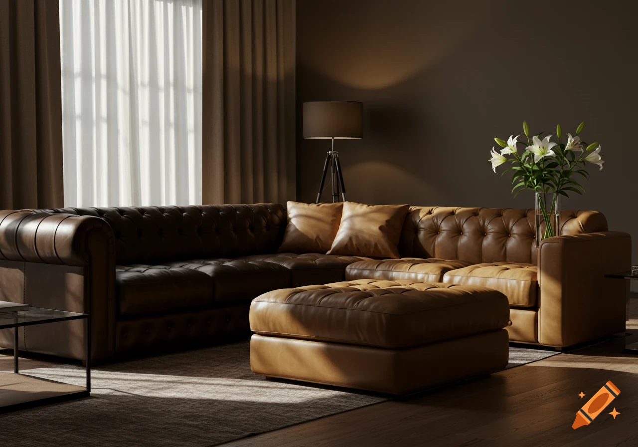 Photorealistic image of a dark brown and tan leather sectional sofa with an ottoman, glass table, and lilies in a sunlit living room.