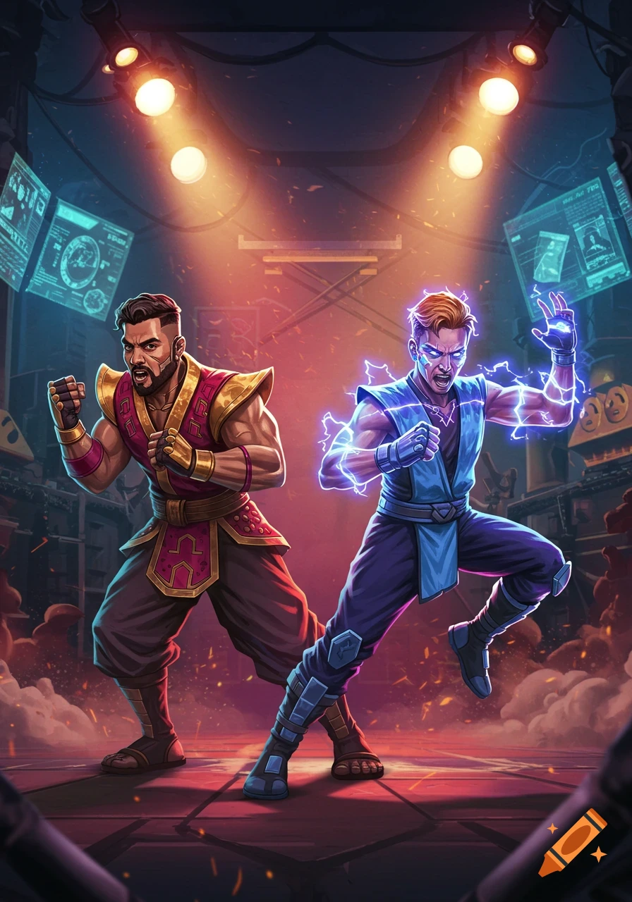 Two stylized male fighters, one in red and gold, the other with blue lightning, in a brightly lit combat arena.