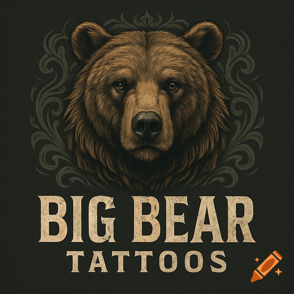 A detailed illustration of a brown bear head with ornate grey patterns behind it, above the text 'BIG BEAR TATTOOS'.