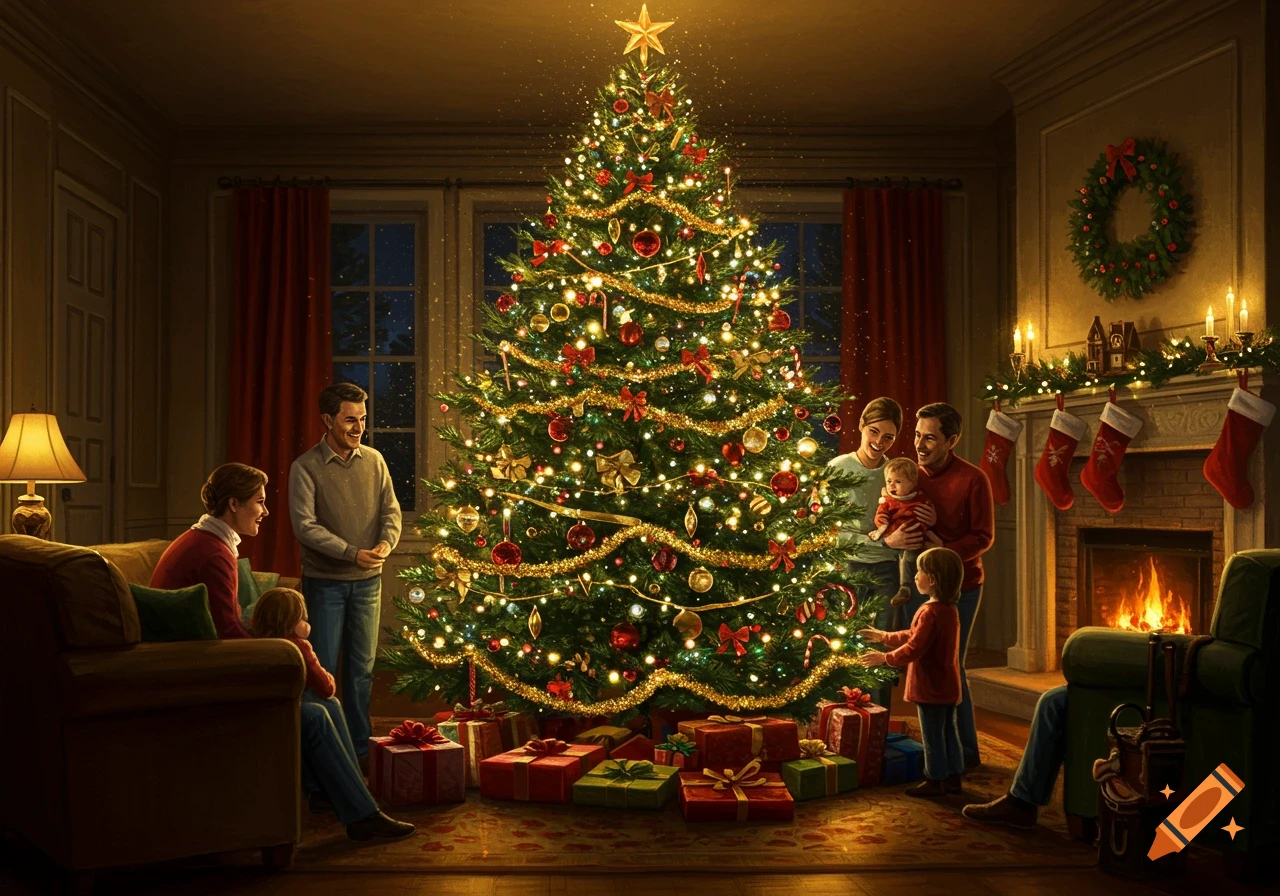 A family gathers around a brightly lit Christmas tree in a cozy living room with a fireplace and presents.