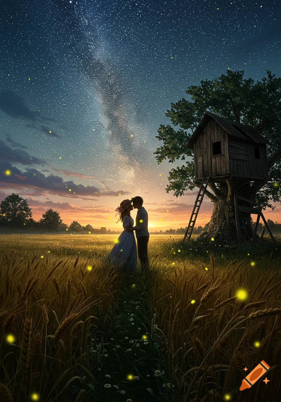 A couple embraces in a glowing wheat field under a starry Milky Way sky filled with fireflies, beside a tree house.