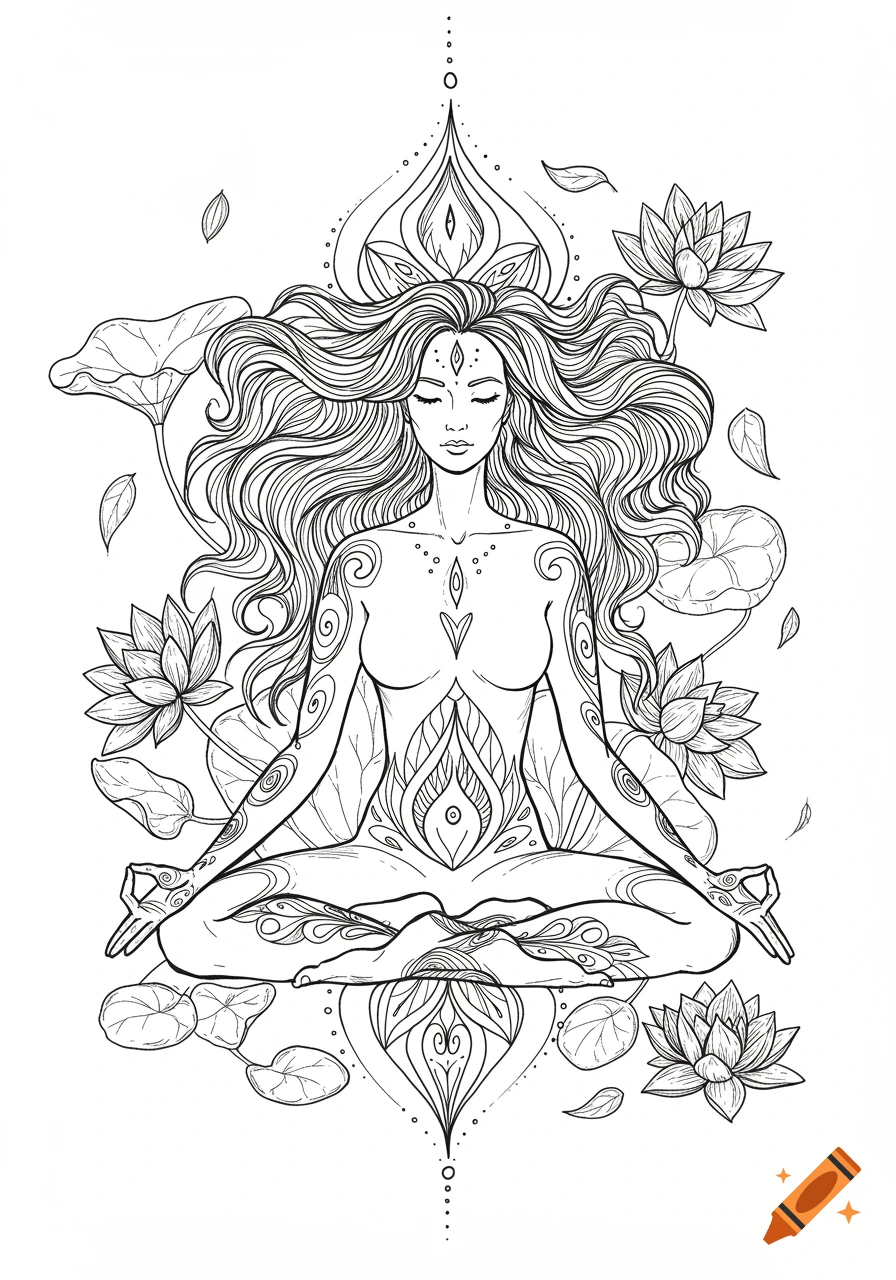 Black and white line art illustration of a woman meditating in lotus pose surrounded by lotus flowers.