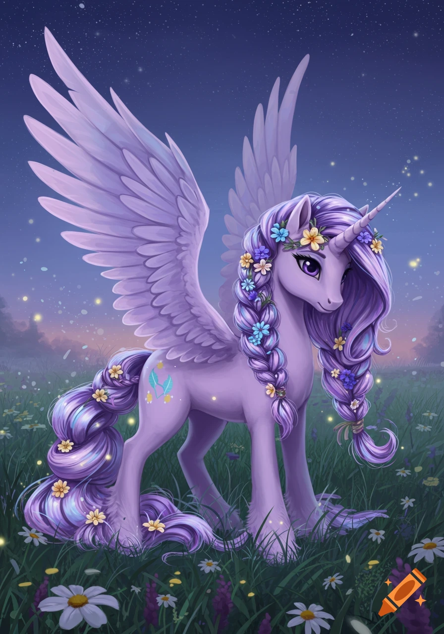 Purple My Little Pony pegasus unicorn with braided, flower-adorned mane and tail in a flowery field under a starry night sky.