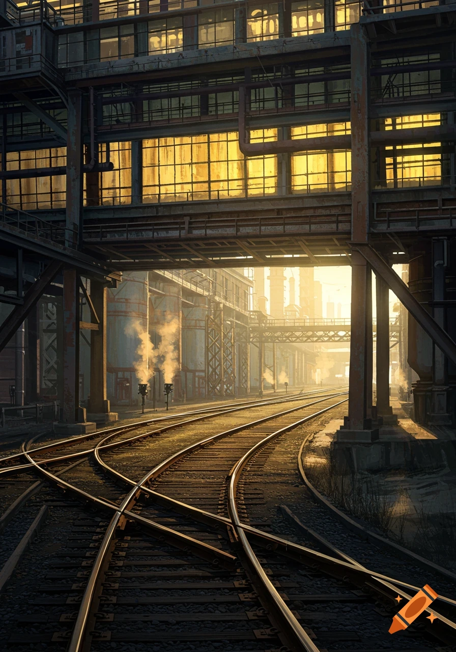 An industrial factory building with golden light reflecting in its windows, overlooking multiple train tracks curving into the distance at sunrise.