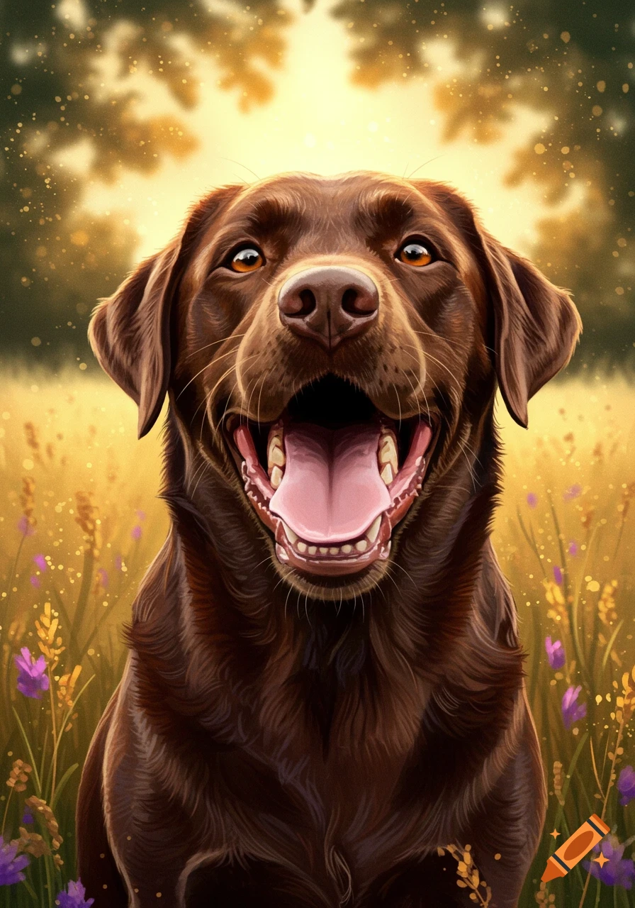 A happy chocolate Labrador dog with its mouth open and tongue out in a sunny field of golden grass and purple flowers.