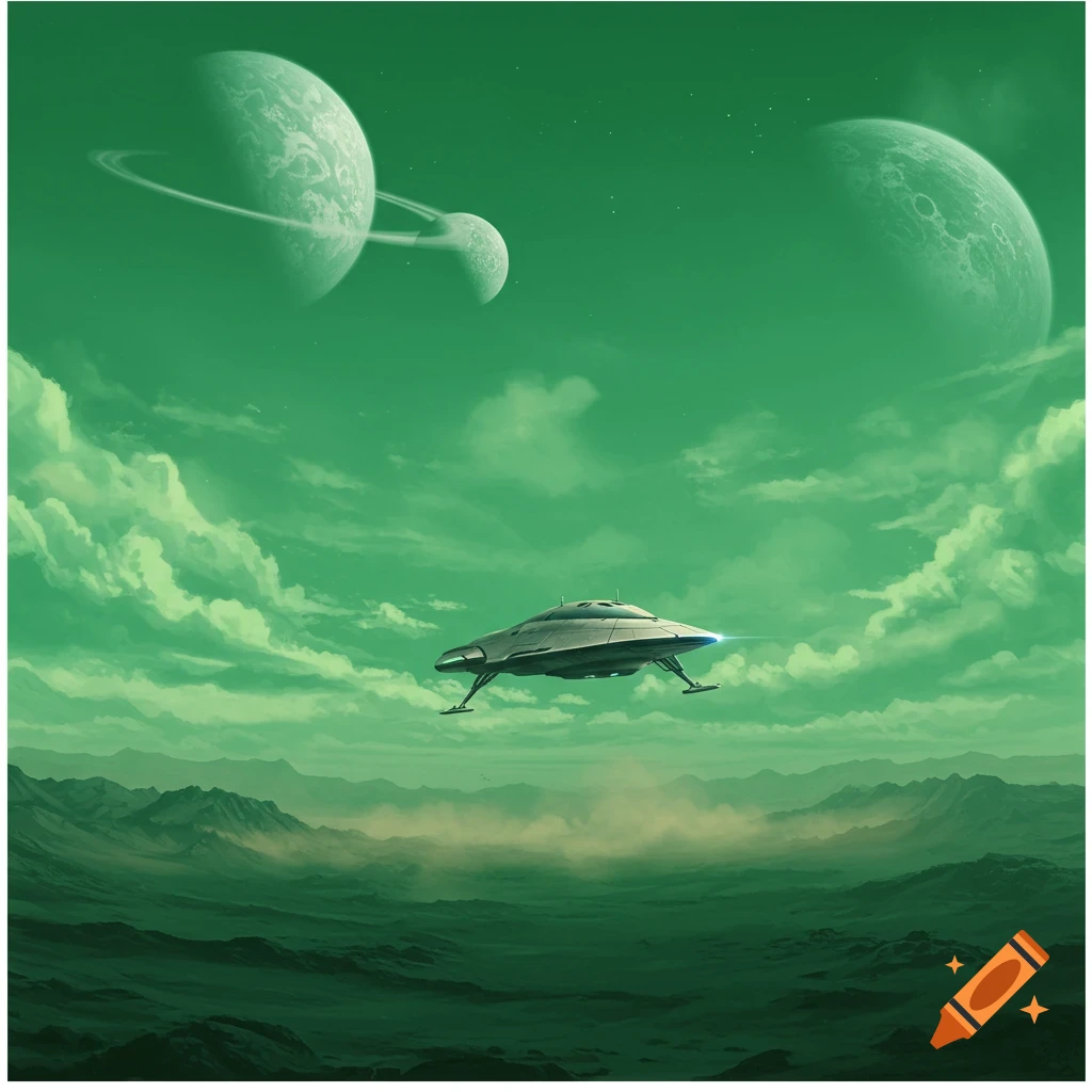 A silver UFO flies over a green alien planet with misty mountains under a sky with two ringed moons.