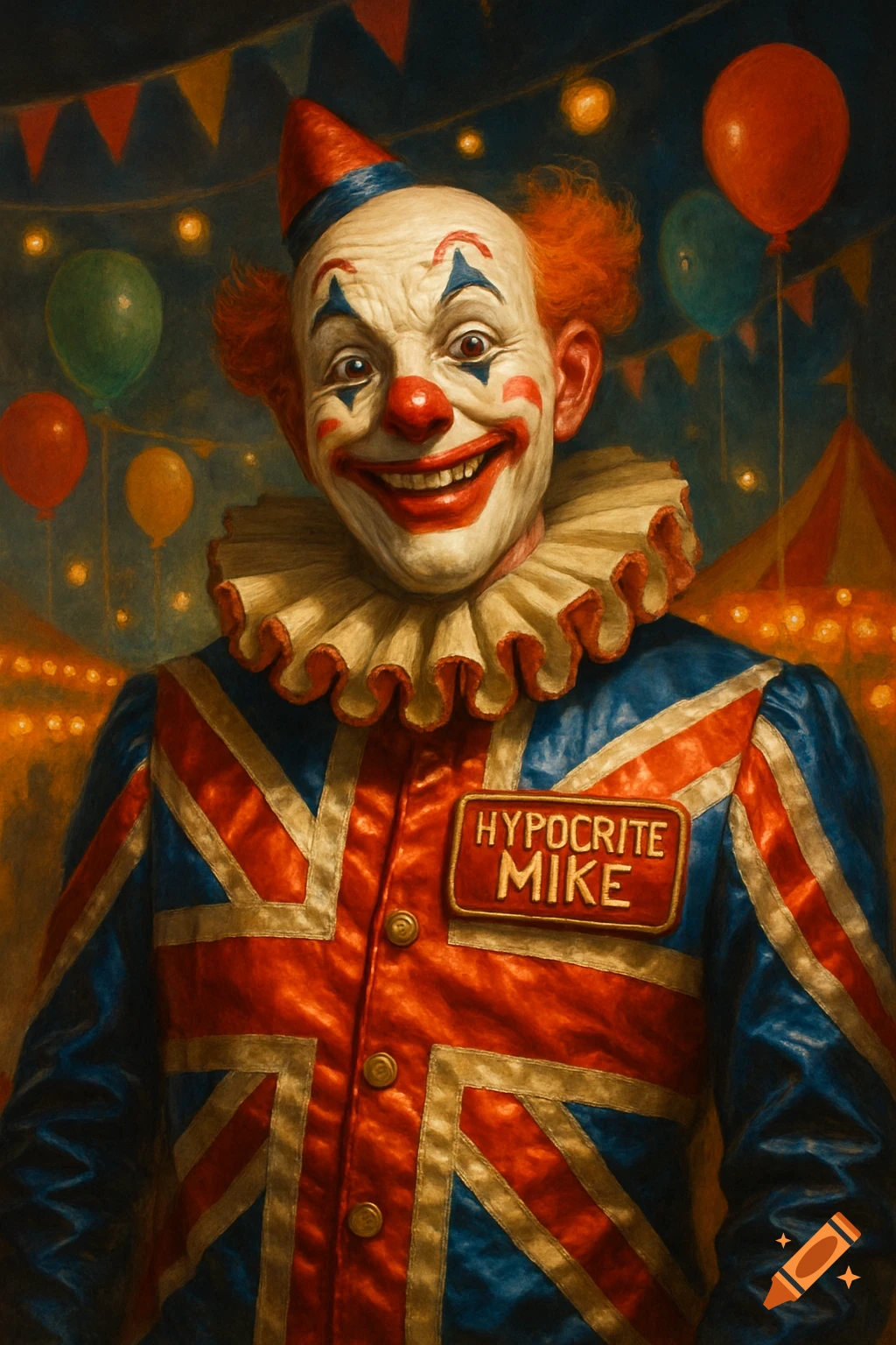 A painting of a smiling clown in a Union Jack jacket with a 'Hypocrite Mike' nametag, set against a dark, festive circus background.