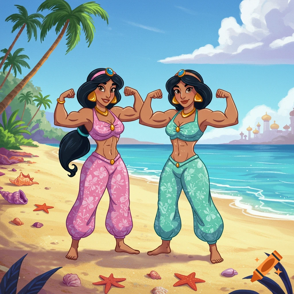 Two strong cartoon women resembling Jasmine, one in pink and one in teal, flex their muscles on a tropical beach.