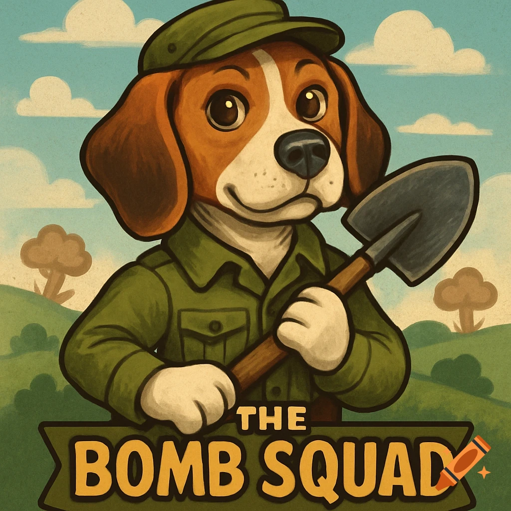 A cartoon beagle in a green soldier's uniform and cap holds a shovel. Text 'THE BOMB SQUAD' is below. Green hills and mushroom cloud trees in the background.
