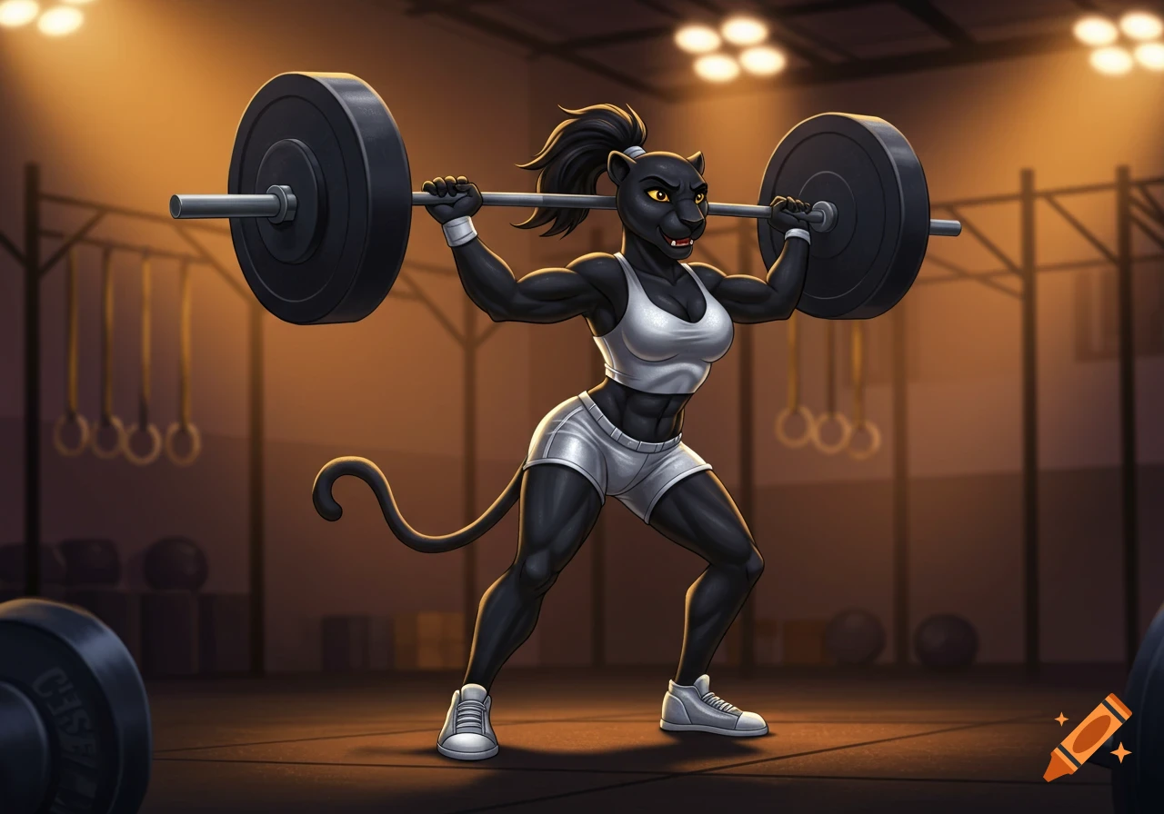 An anthropomorphic black panther lifts a barbell overhead in a gym, wearing silver workout clothes, in a 2D animation style.