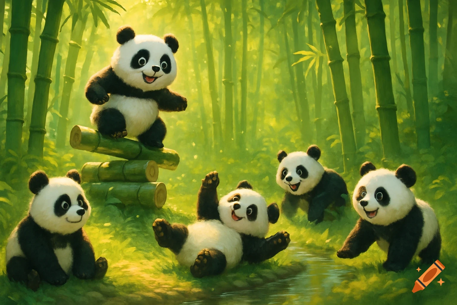 Five cute baby pandas playing in a bright green bamboo forest with sunlight streaming through the leaves.