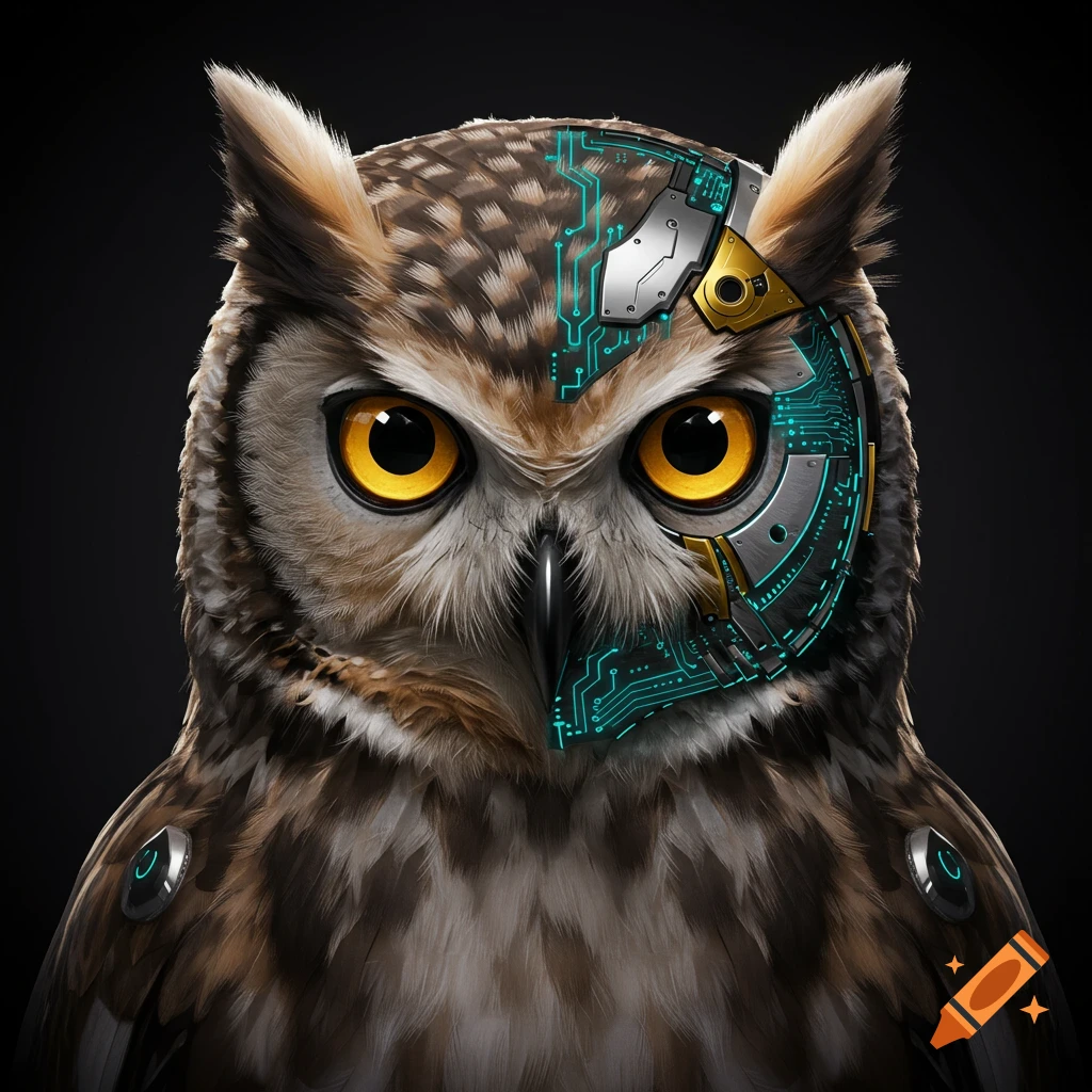 Close-up of a realistic owl with its right side replaced by metallic and glowing circuit board machinery.