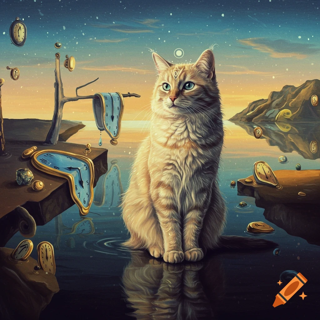 A painterly image of a cat sitting in a surreal landscape with melting clocks and a dreamy sky.