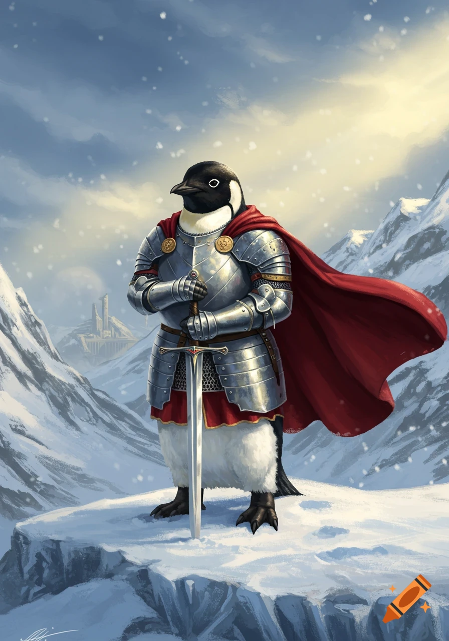 A majestic penguin knight in shining armor with a red cape stands holding a sword on a snowy mountain.