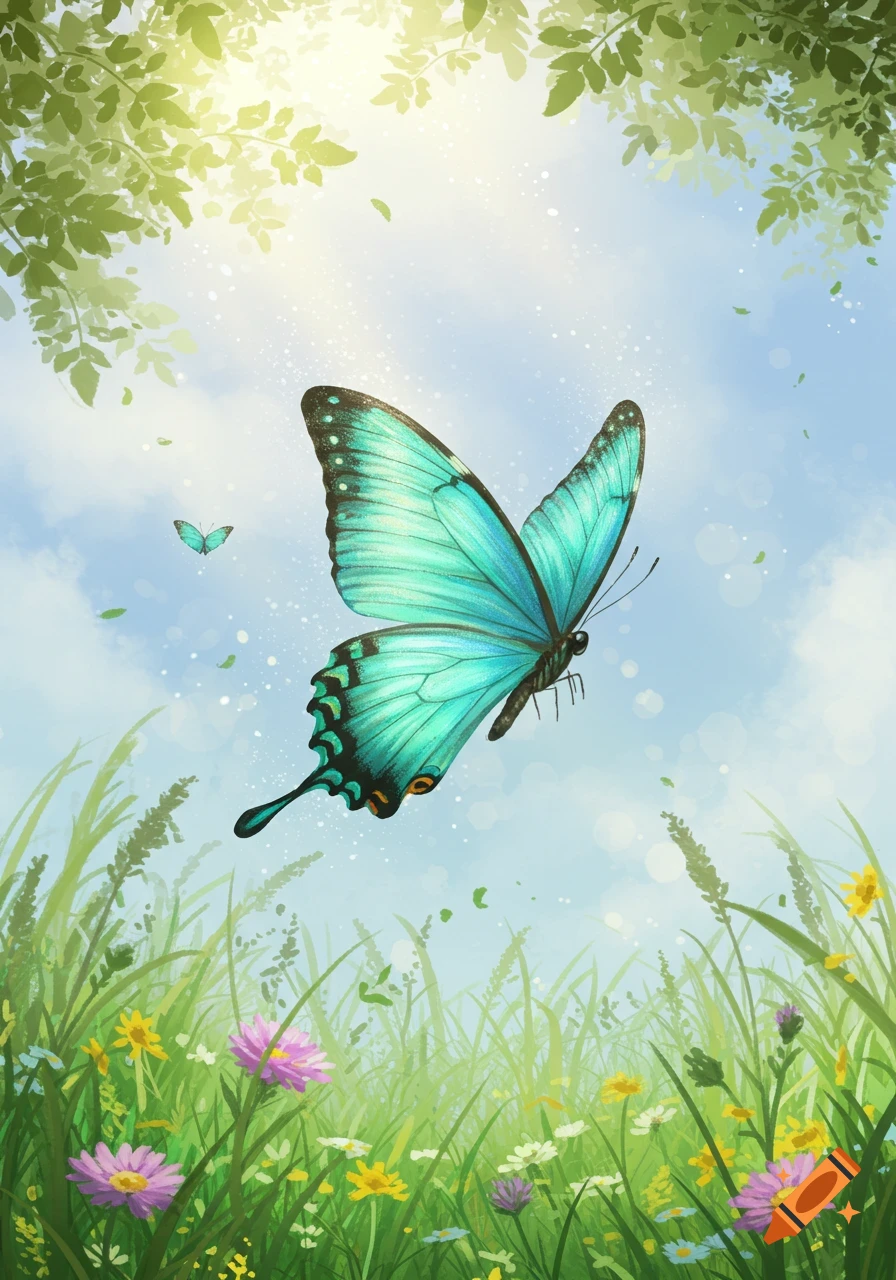 A large teal and blue butterfly flies in a sunny meadow with green grass, colorful wildflowers, and green leaves framing the top, in a digital art style.