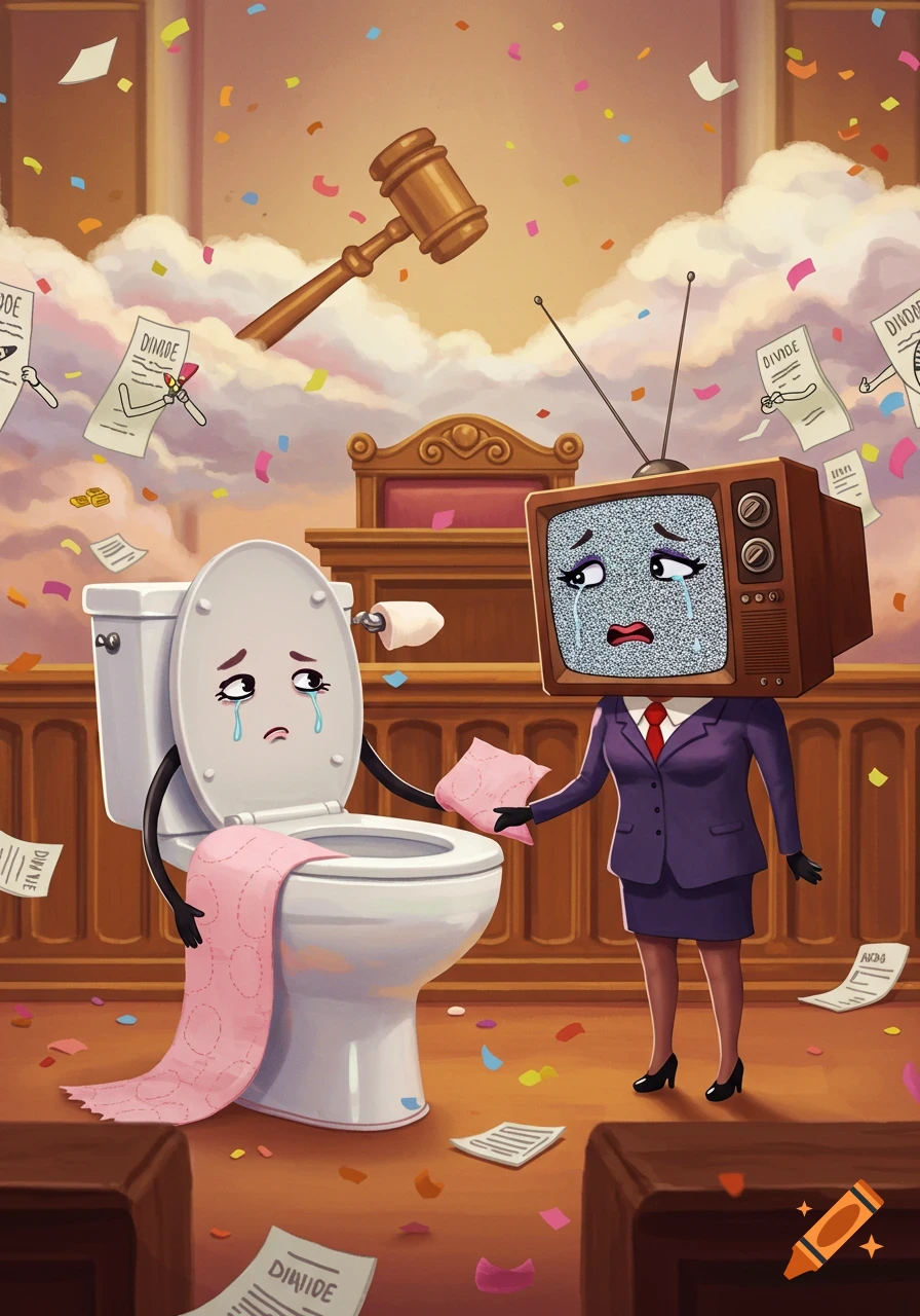 A cartoon image of a crying anthropomorphic toilet and a crying anthropomorphic TV with a static screen, standing in a courtroom setting with divorce papers and confetti falling around them. A large gavel looms in the sky.