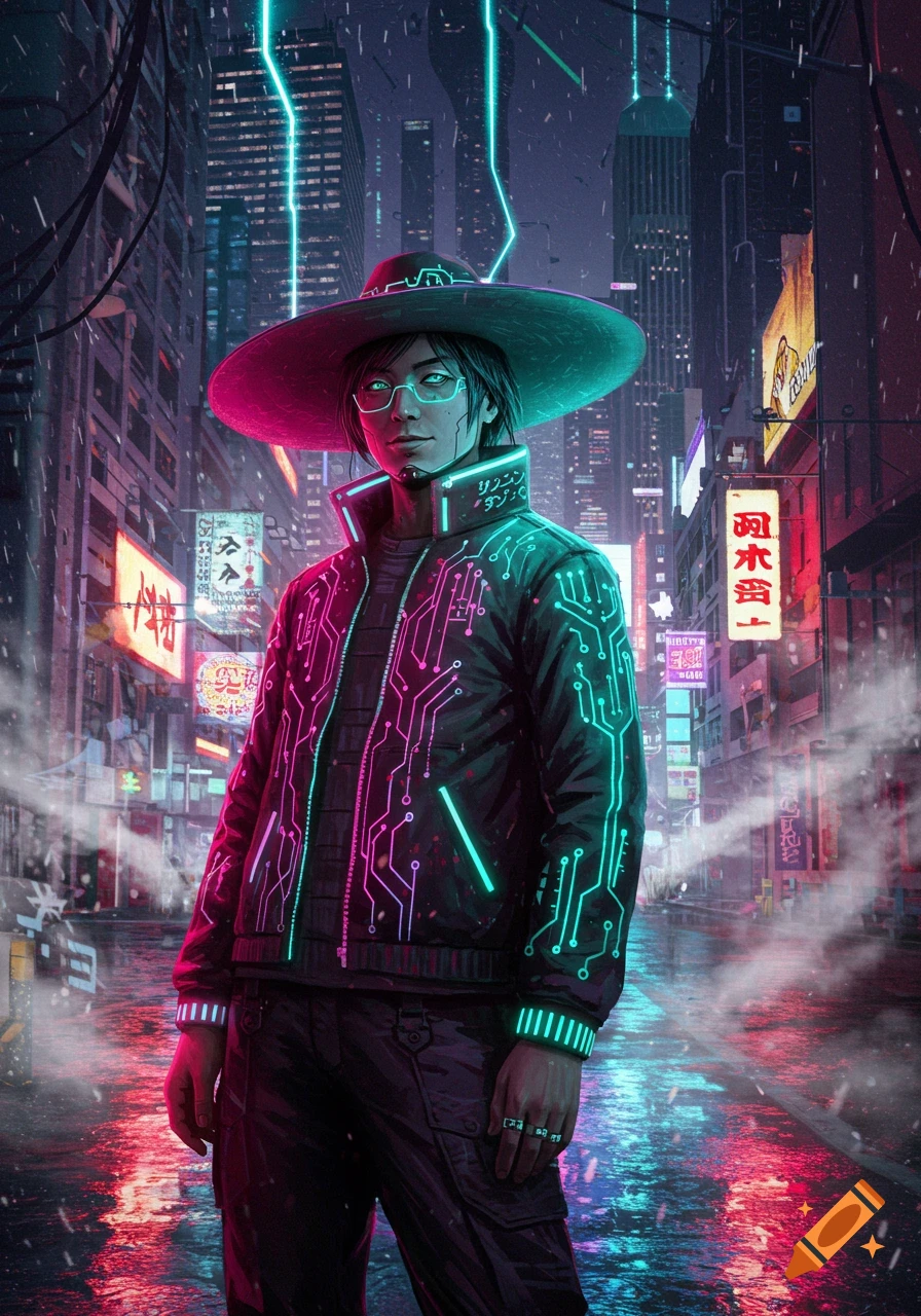 A cyberpunk character wearing a wide-brimmed hat and a jacket with glowing circuit patterns, standing in a neon-lit futuristic city at night.