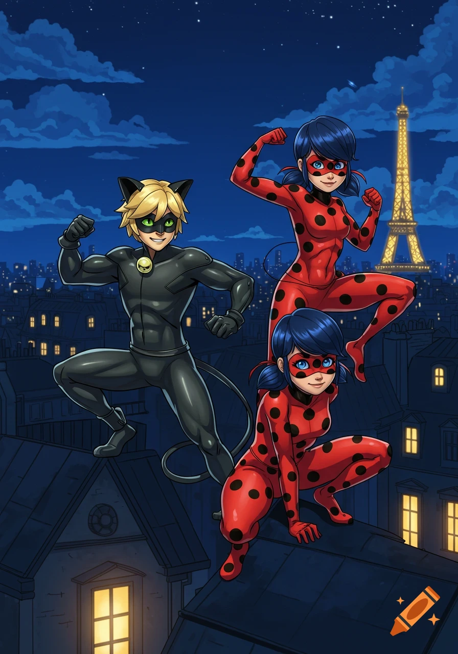 Cartoon style image of two Ladybugs and one Cat Noir on a Paris rooftop at night, flexing muscular poses with the Eiffel Tower in the background.