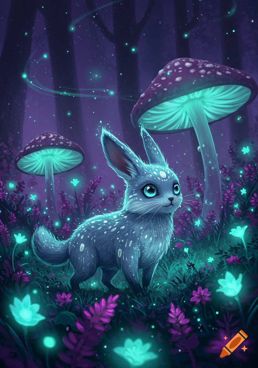 A cute, blue-gray fantasy creature with big eyes and glowing spots stands in a purple forest with glowing aqua mushrooms and flowers, in an illustrated style.