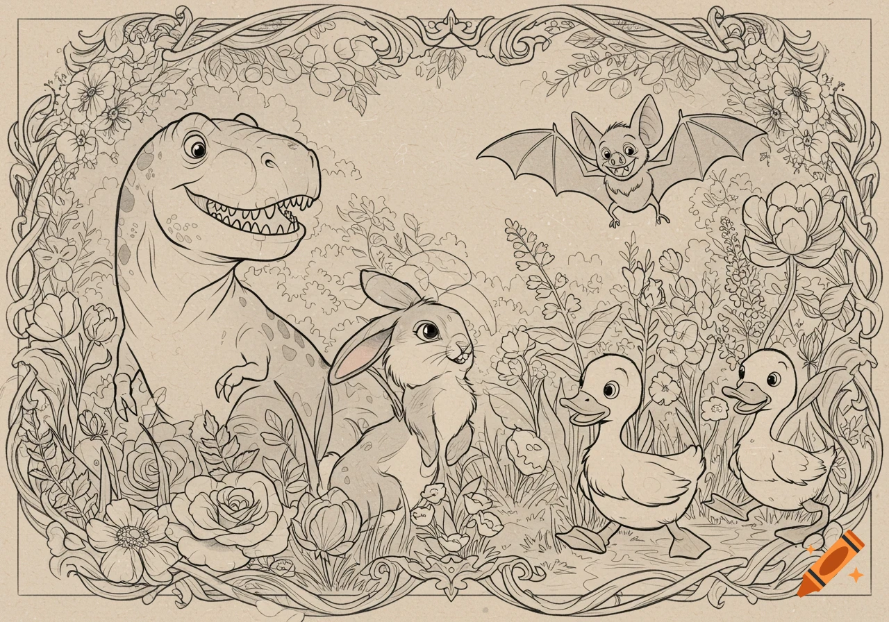 A whimsical black-and-white line art of a T-Rex, bunny, bat, and two ducklings in a lush garden with flowers, framed by a decorative border.