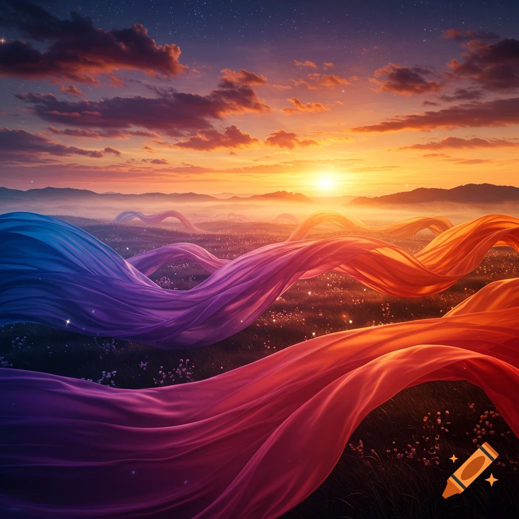 Colorful flowing fabrics on a grassy field at sunset under a starry sky.