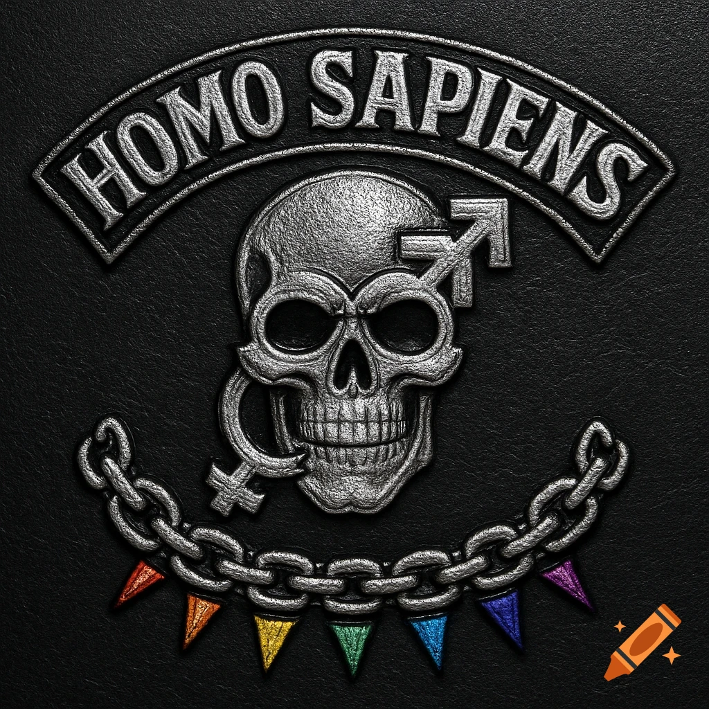 A metallic biker patch with a skull, male and female gender symbols, a chain, and a rainbow banner, all on a black leather background. Text reads 'HOMO SAPIENS'.