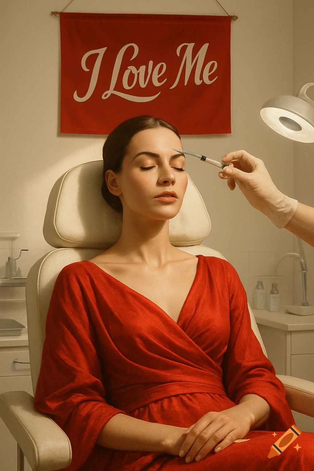 Photorealistic image of a woman in a red dress receiving a botox injection on her forehead, under an 'I Love Me' banner.