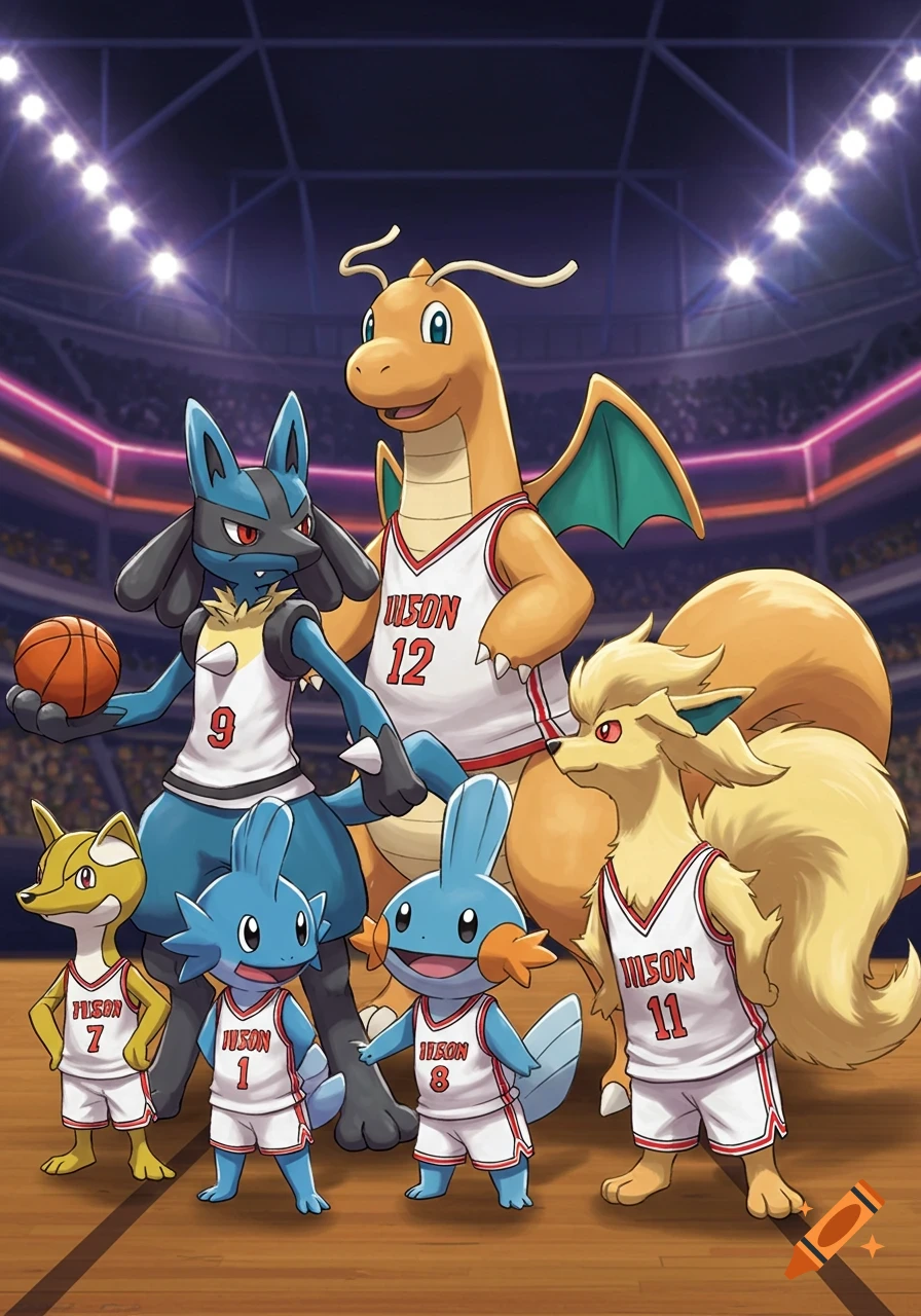 A group of various Pokemon, including Lucario and Dragonite, wearing basketball jerseys with numbers, standing on a basketball court.