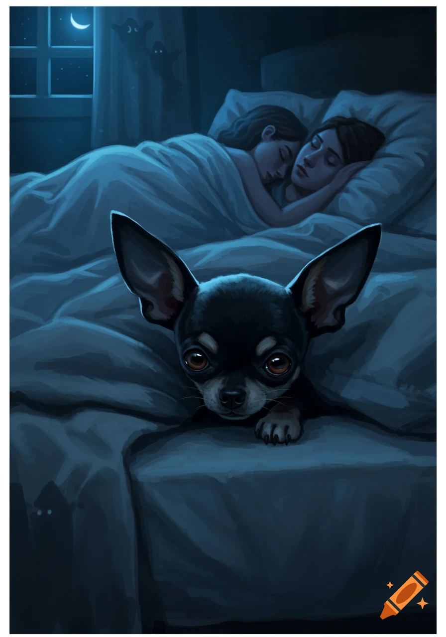 A small black chihuahua peeks from under blue bed covers at night, with two people sleeping behind it and subtle ghostly figures outside a window.