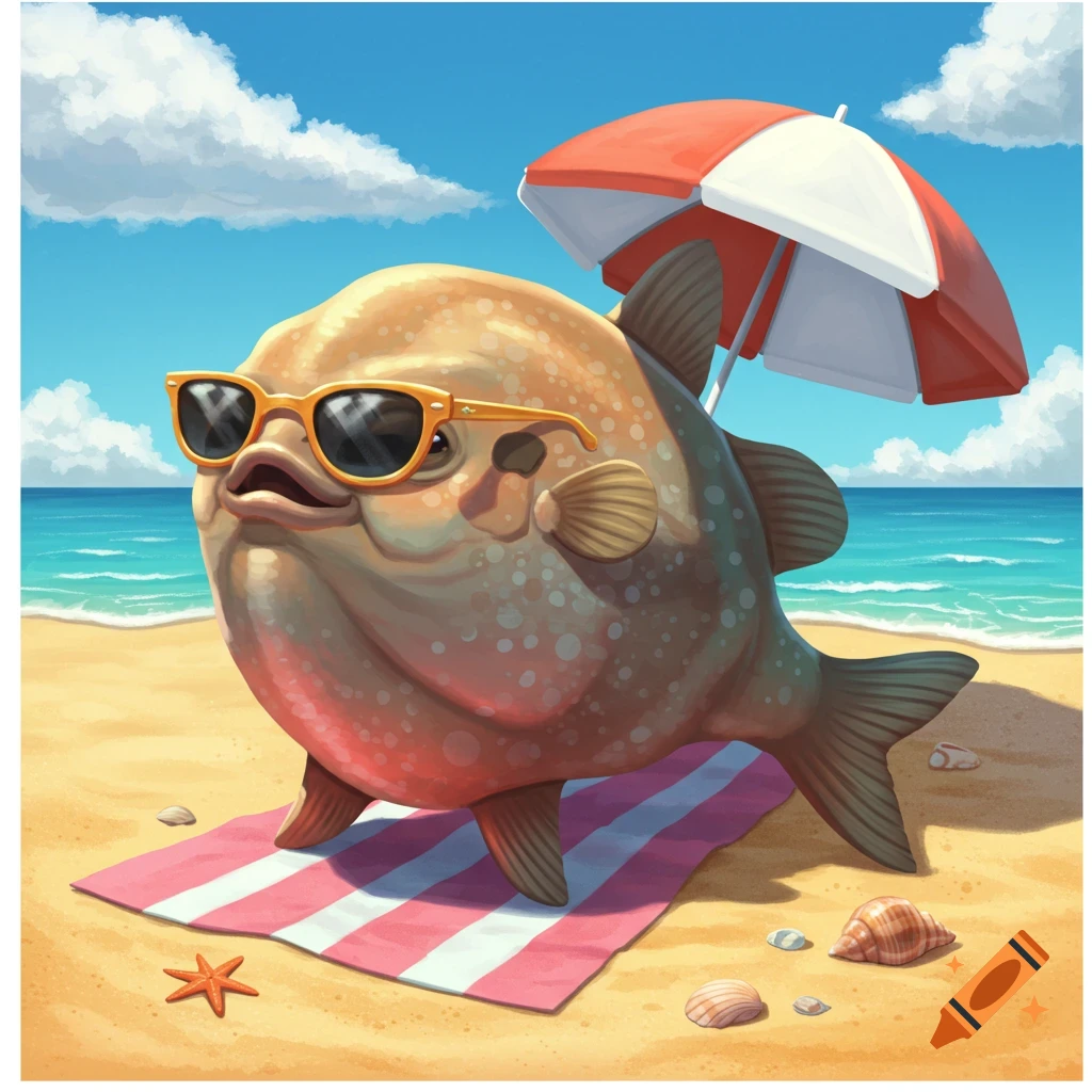 A cartoon sunfish in sunglasses sunbathing on a pink and white striped towel on a sandy beach under a red and white umbrella.