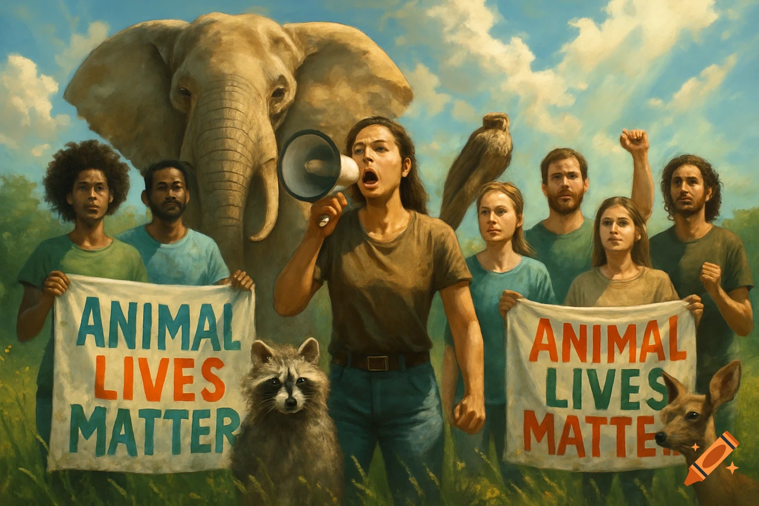 A painting of diverse animal activists holding 'Animal Lives Matter' signs with an elephant, hawk, raccoon, and deer.