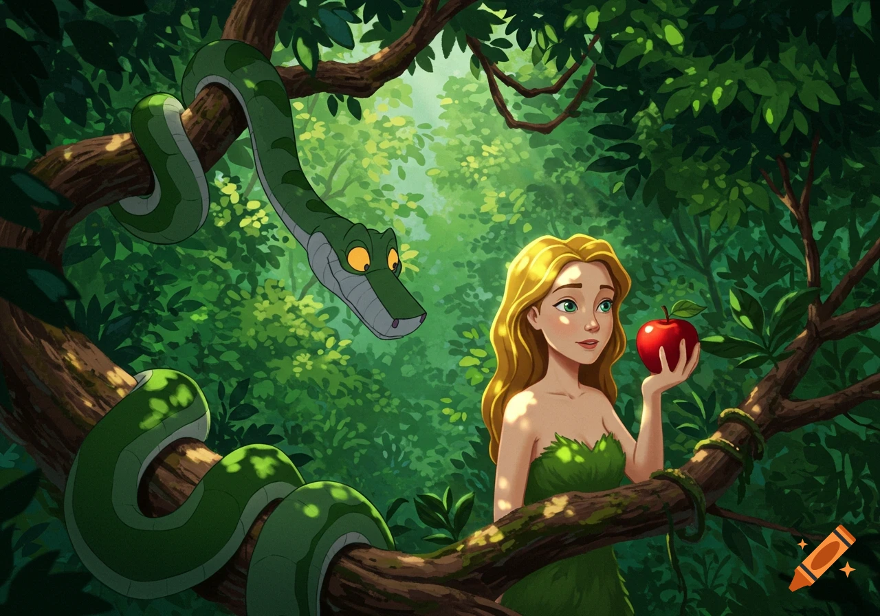An animated illustration of Eve holding a red apple in a lush green jungle, looking at a large green snake coiled on a tree branch.