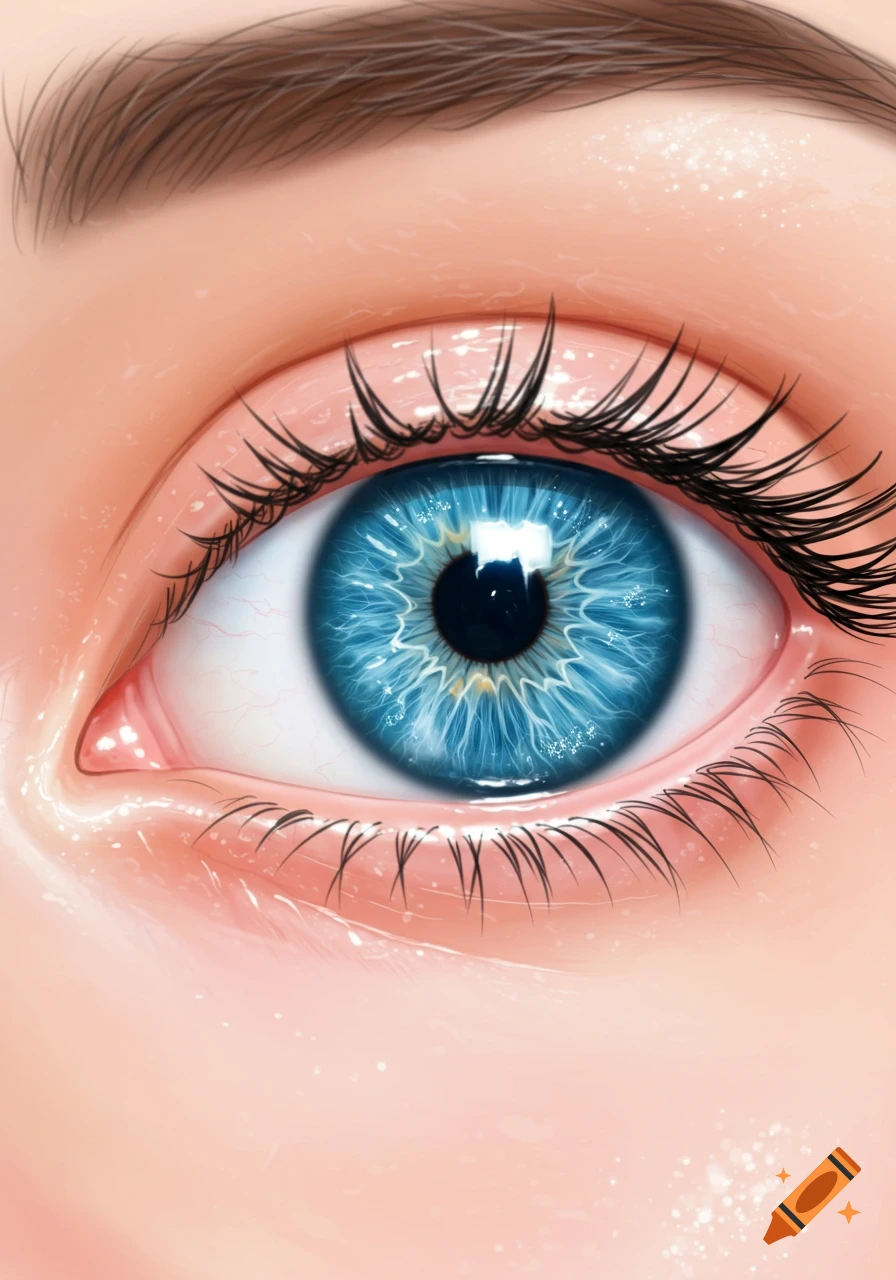 A detailed anime illustration of a blue eye with long black lashes and a brown eyebrow.