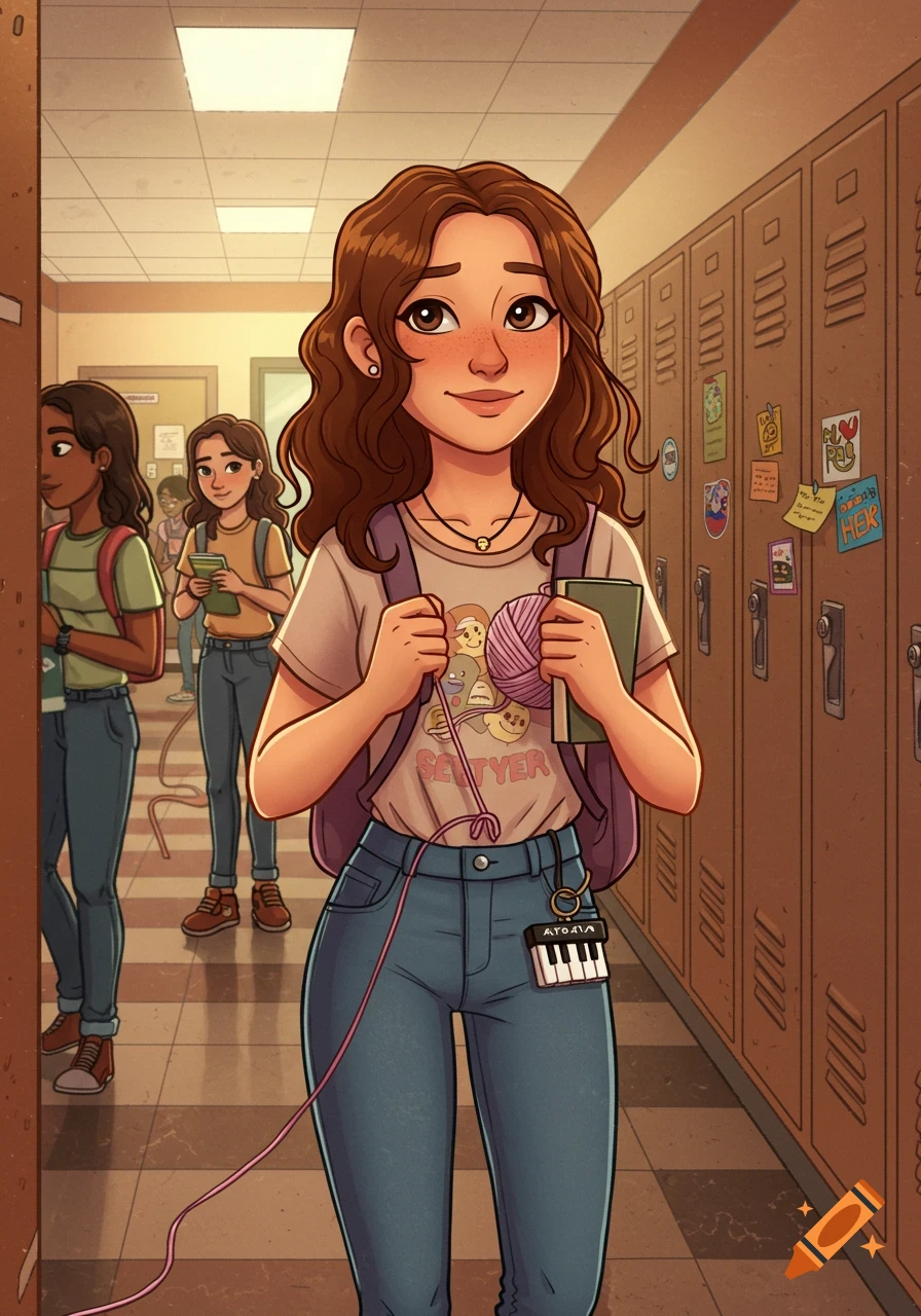 A cartoon teenage girl with brown hair and a backpack stands in a school hallway, holding a book and a ball of yarn. She wears a graphic t-shirt and jeans, with lockers in the background.